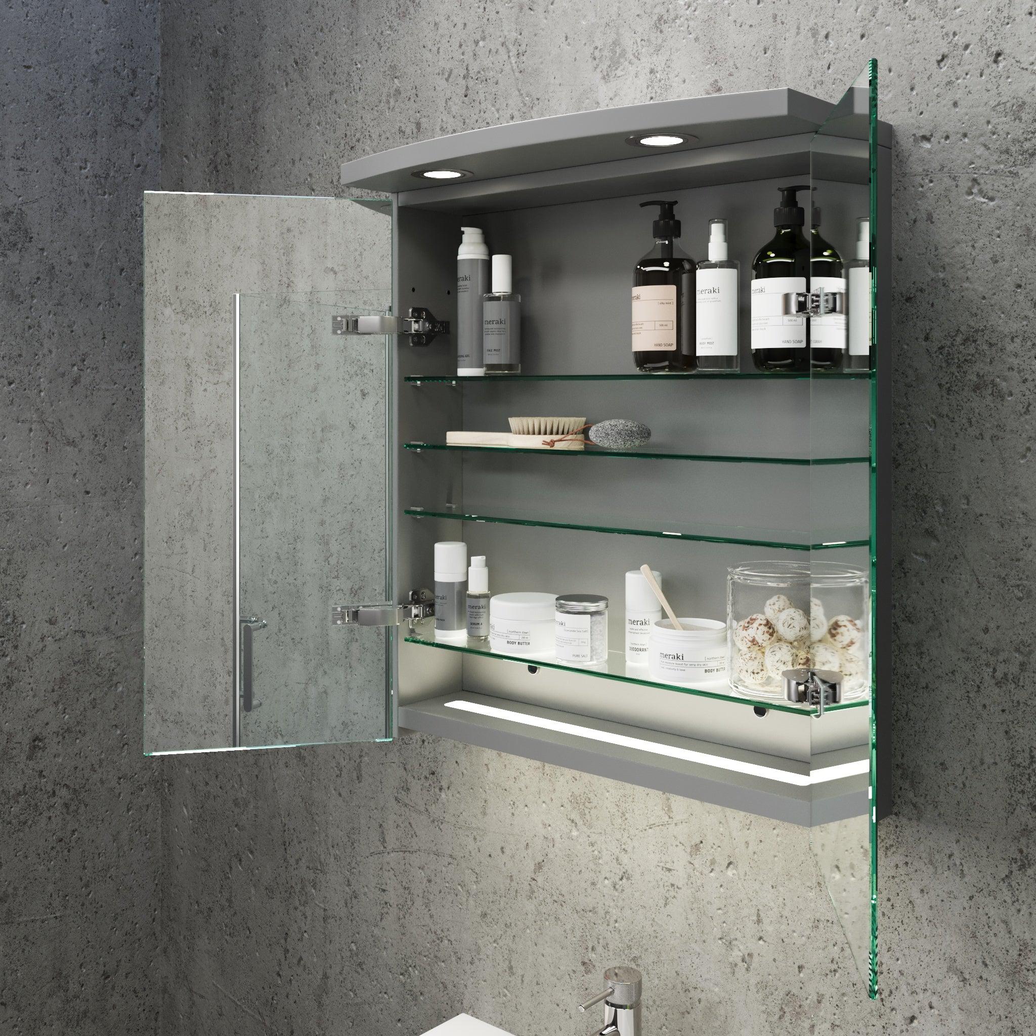 Fredrikstad LED Spejlskab Med Rund Lysbaldakin, Mat Grå