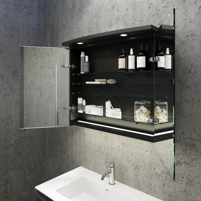 Fredrikstad LED Spejlskab Med Rund Lysbaldakin, Mat Sort