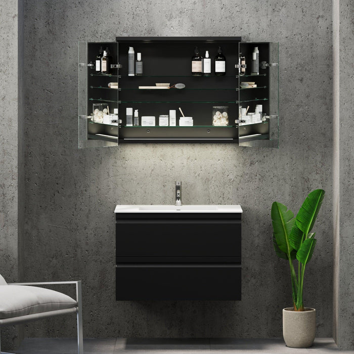 Fredrikstad LED Spejlskab Med Rund Lysbaldakin, Mat Sort