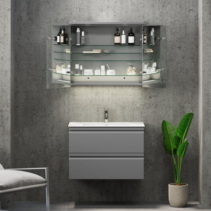 Fredrikstad LED Spejlskab Med Rund Lysbaldakin, Mat Grå