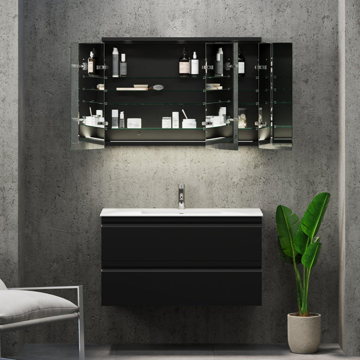 Fredrikstad LED Spejlskab Med Rund Lysbaldakin, Mat Sort