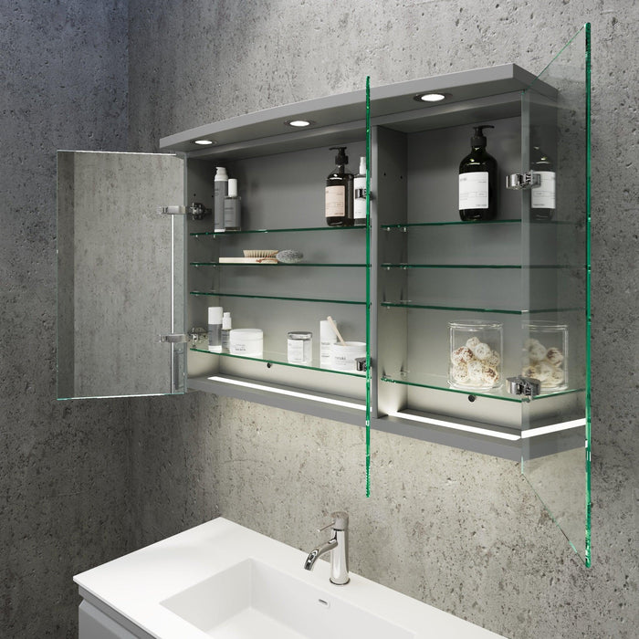 Fredrikstad LED Spejlskab Med Rund Lysbaldakin, Mat Grå