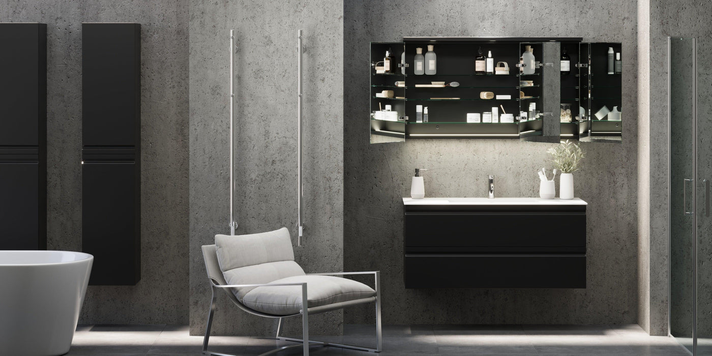 Fredrikstad LED Spejlskab Med Rund Lysbaldakin, Mat Sort