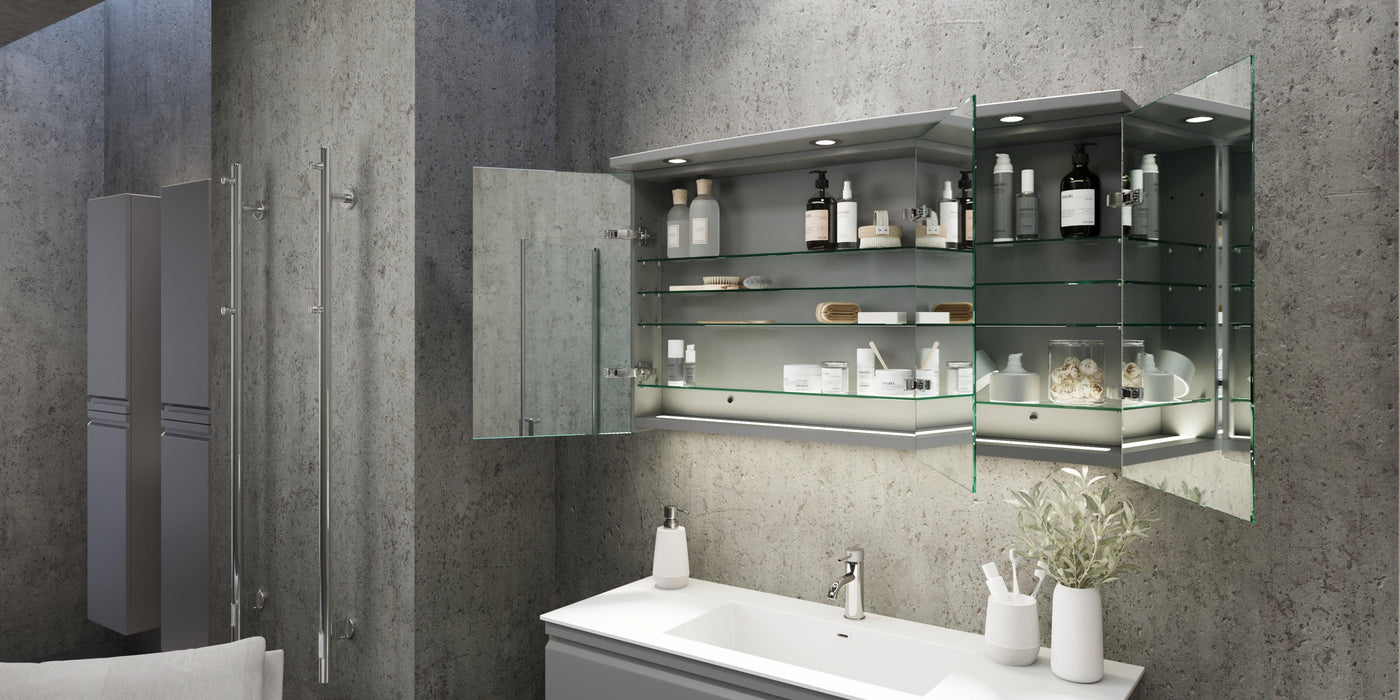 Fredrikstad LED Spejlskab Med Rund Lysbaldakin, Mat Grå