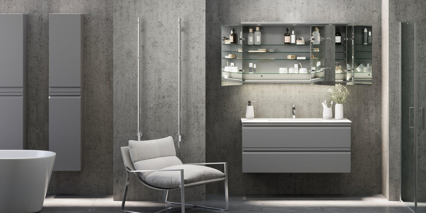 Fredrikstad LED Spejlskab Med Rund Lysbaldakin, Mat Grå