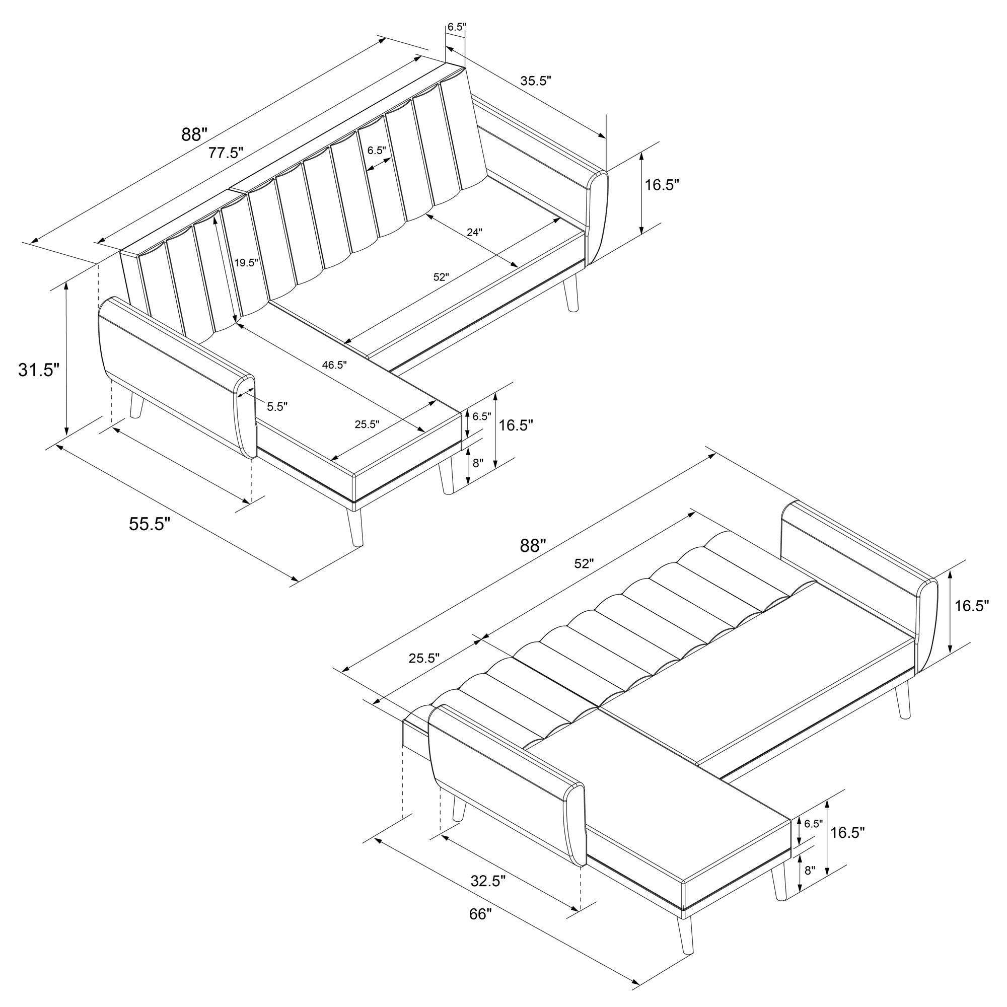 Brittany 3 Pers. Sovesofa med Chaiselong, Lys grå