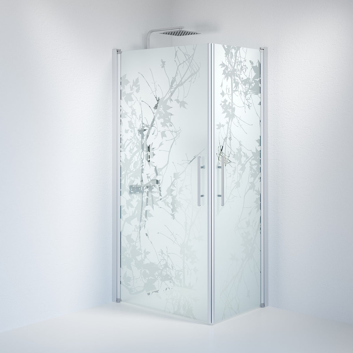 Vänern Brusehjørne, Firkantet, Børstet Aluminium Profil, Frostet Decor Glas