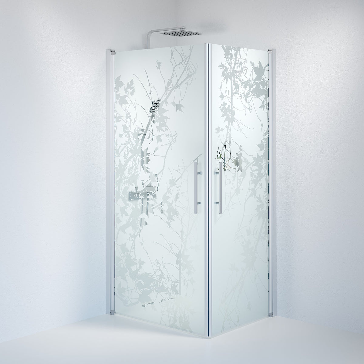 Vänern Brusehjørne, Firkantet, Børstet Aluminium Profil, Frostet Decor Glas