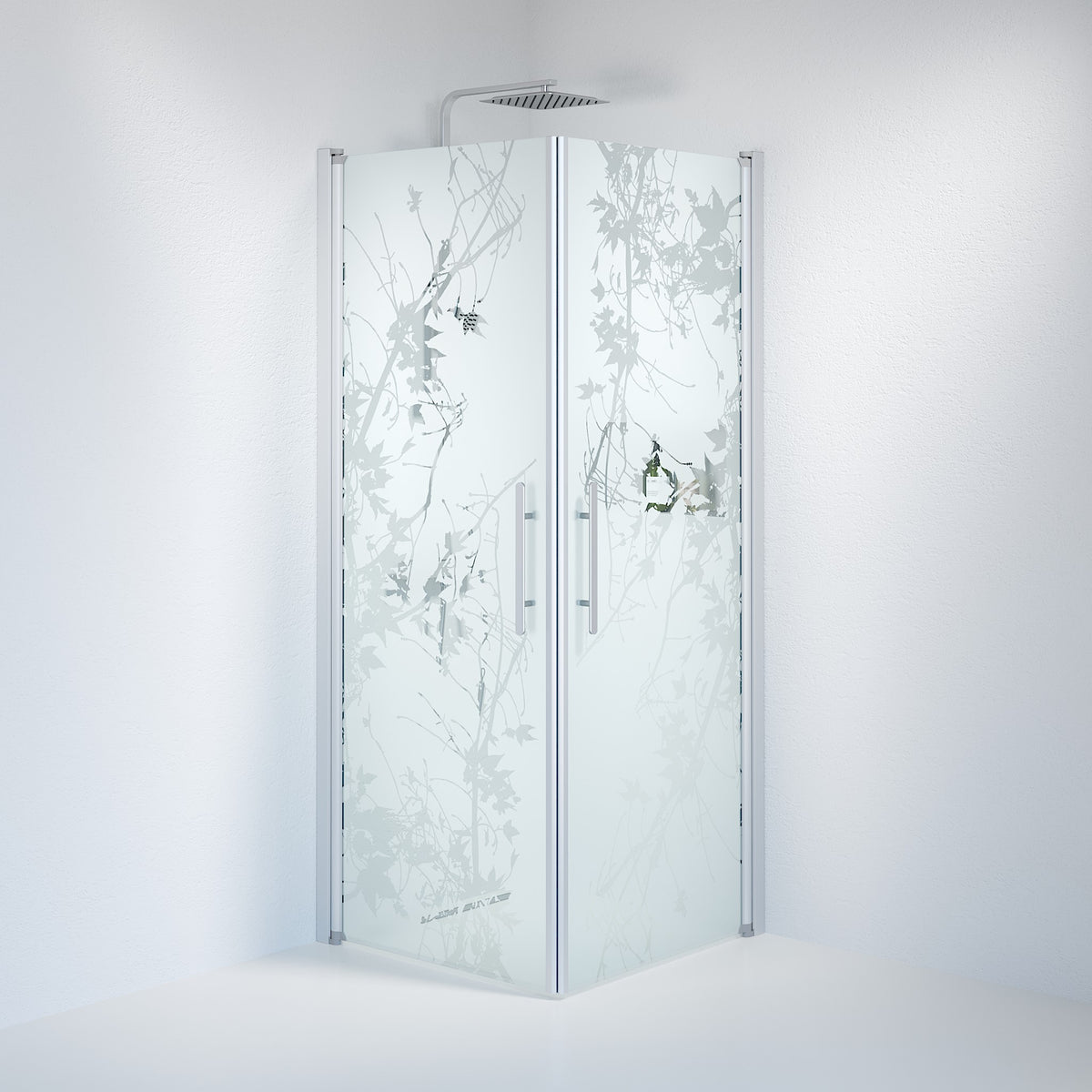 Vänern Brusehjørne, Firkantet, Børstet Aluminium Profil, Frostet Decor Glas