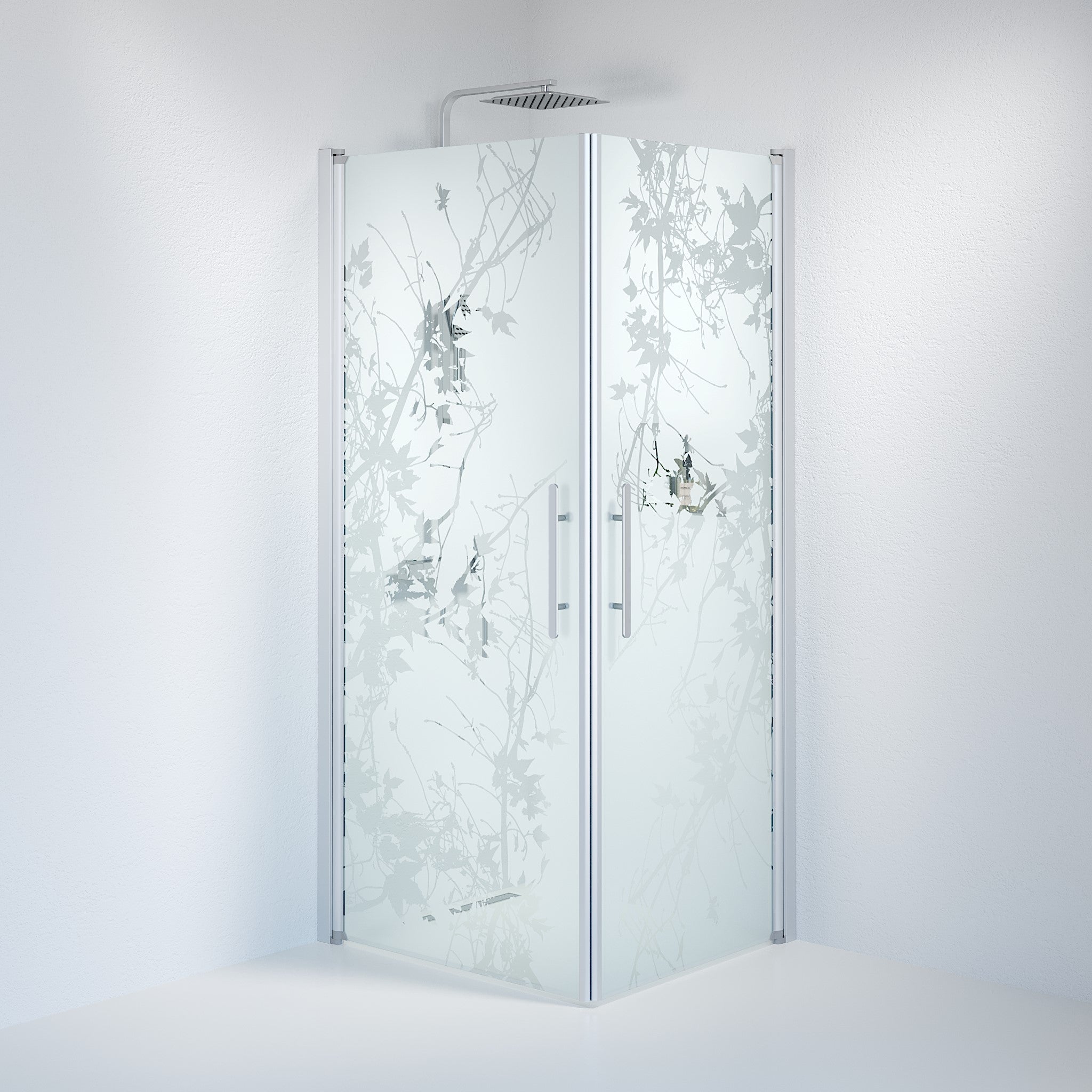 Vänern Brusehjørne, Firkantet, Børstet Aluminium Profil, Frostet Decor Glas