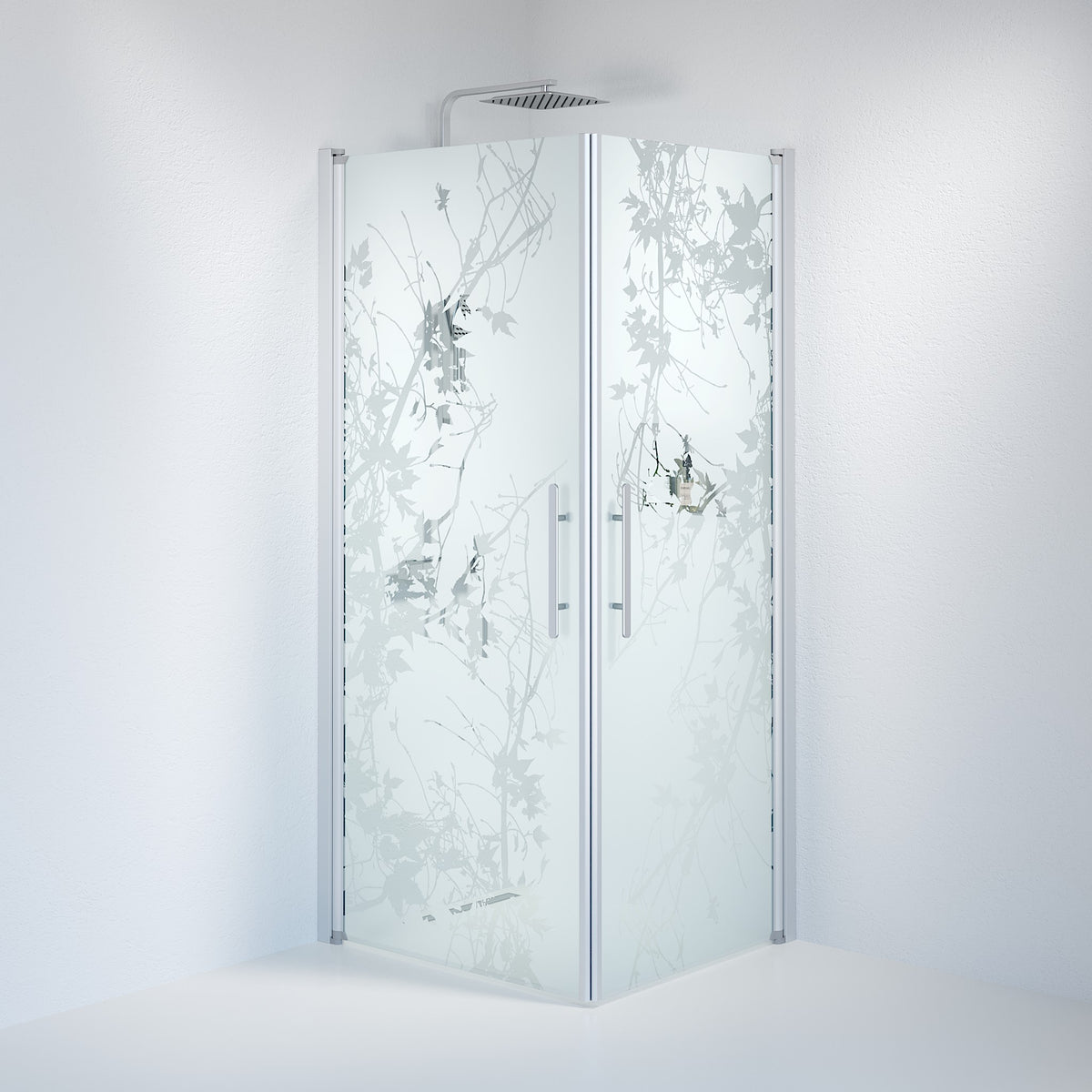 Vänern Brusehjørne, Firkantet, Børstet Aluminium Profil, Frostet Decor Glas