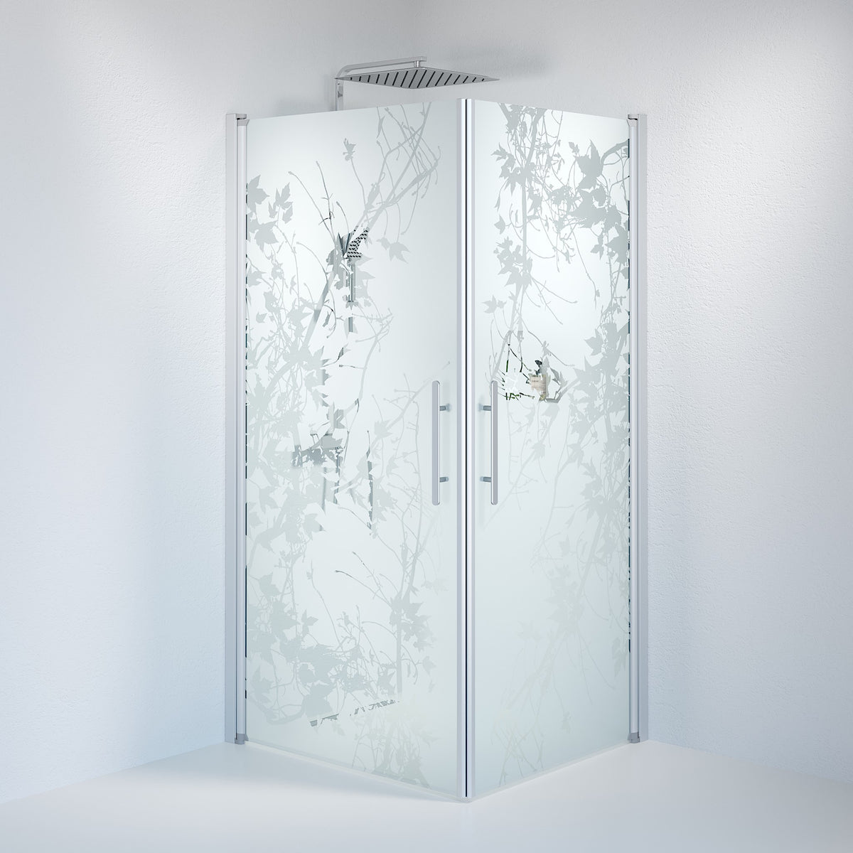 Vänern Brusehjørne, Firkantet, Børstet Aluminium Profil, Frostet Decor Glas