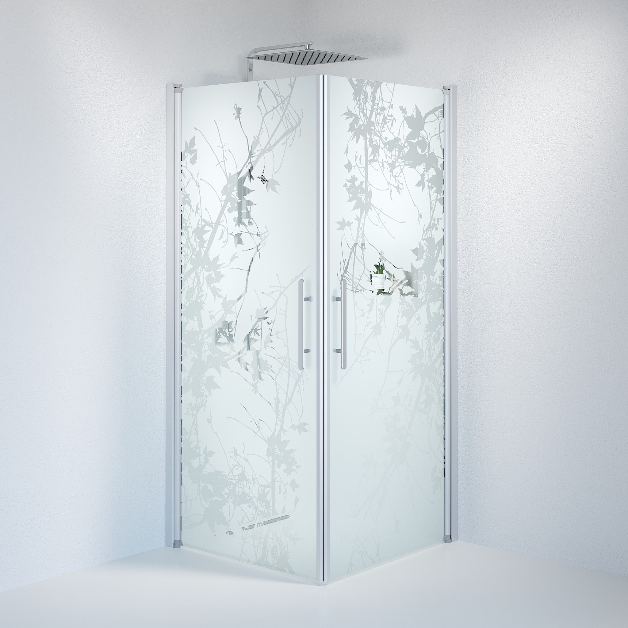 Vänern Brusehjørne, Firkantet, Børstet Aluminium Profil, Frostet Decor Glas