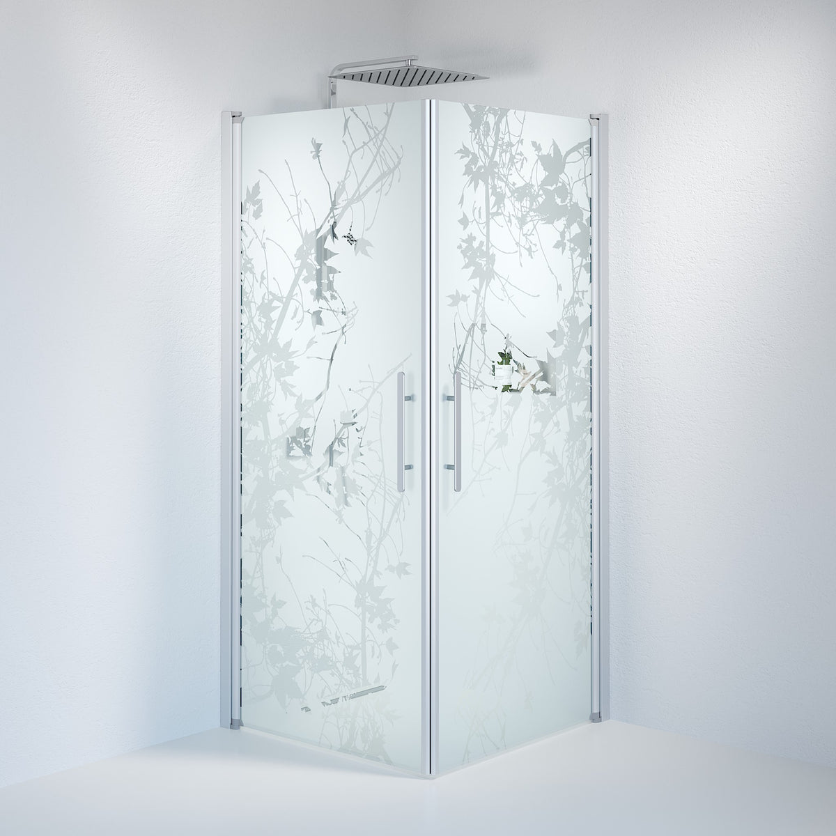 Vänern Brusehjørne, Firkantet, Børstet Aluminium Profil, Frostet Decor Glas