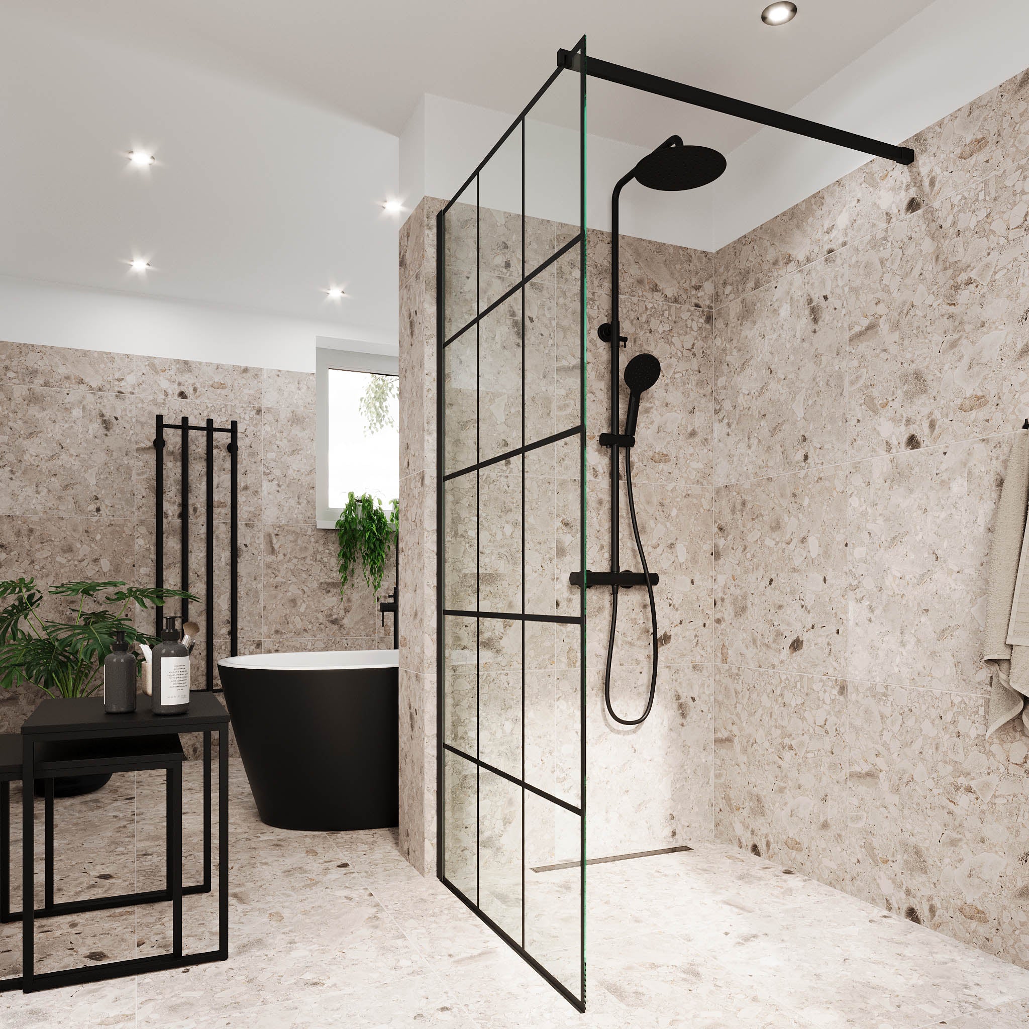 Sandefjord Brusevæg, Sort Profil, Klar Glas med Sprosser