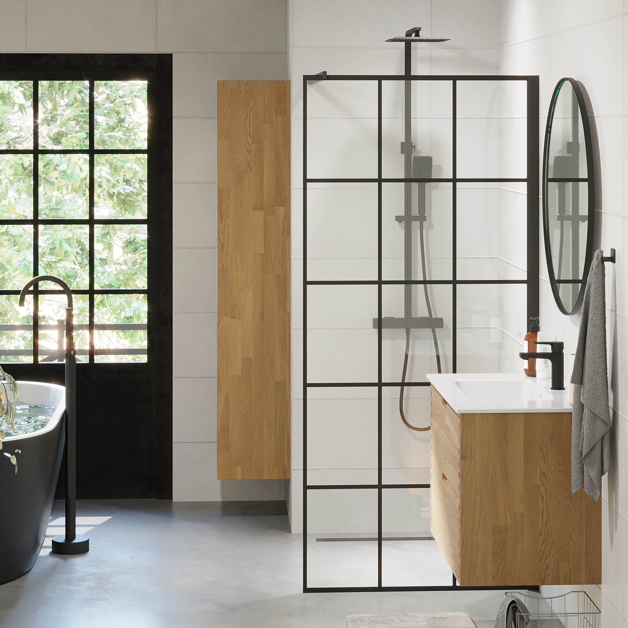 Sandefjord Brusevæg, Sort Profil, Klar Glas med Sprosser