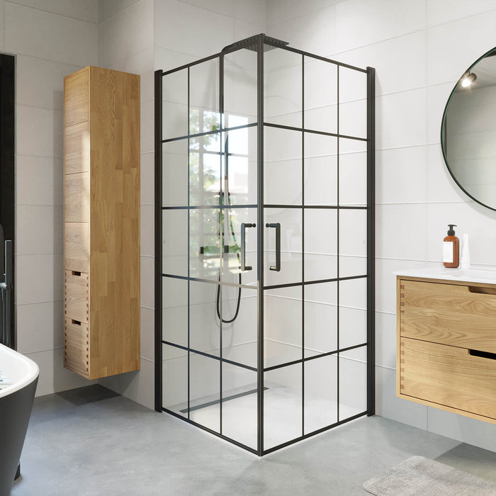 Sandefjord Brusehjørne, Dør + Væg, Sort Profil, Klar Glas med Sprosser