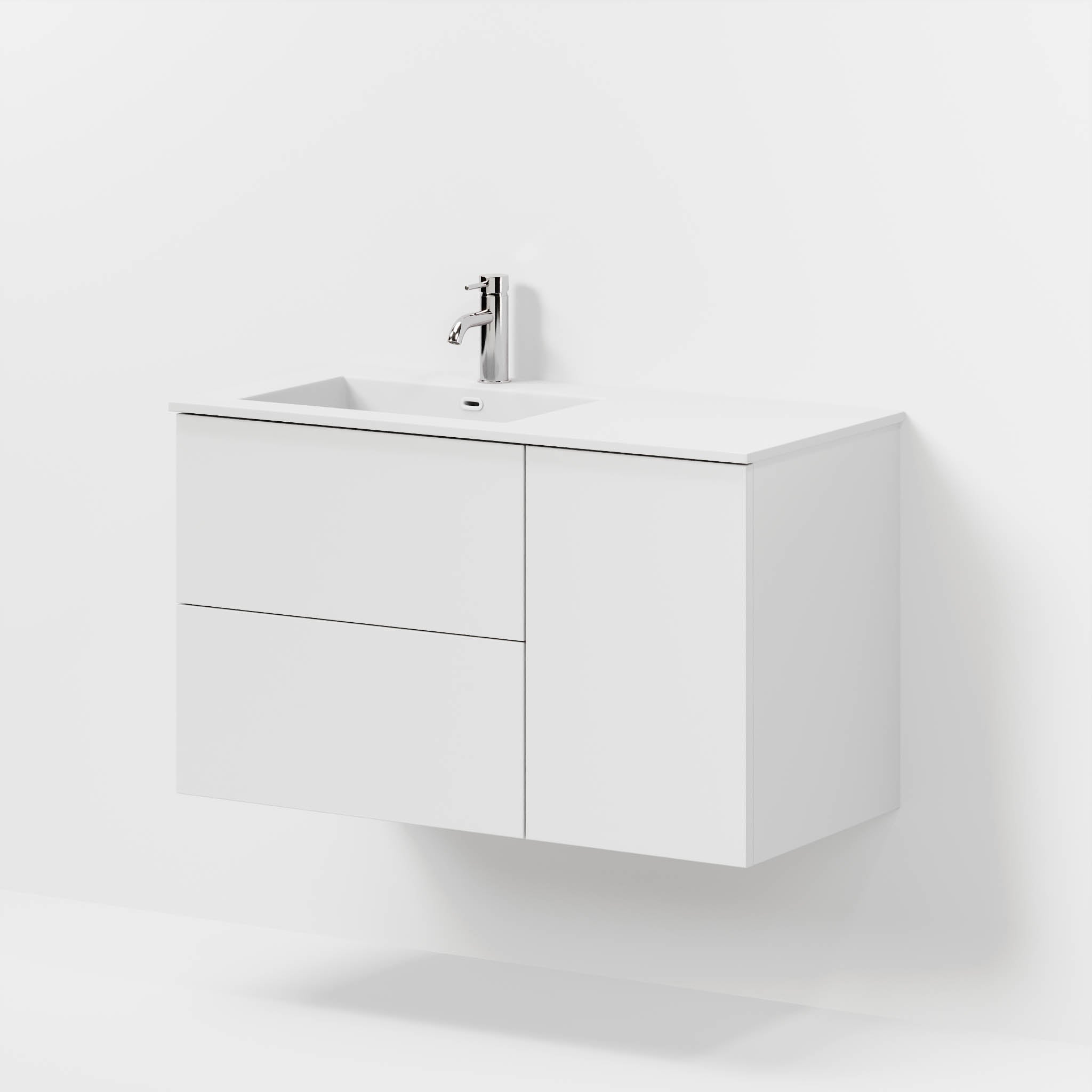 Badmøbel med klassiske fronter - 95x46x57 cm - mat hvid - venstrevendt solid surface vask - Viborg