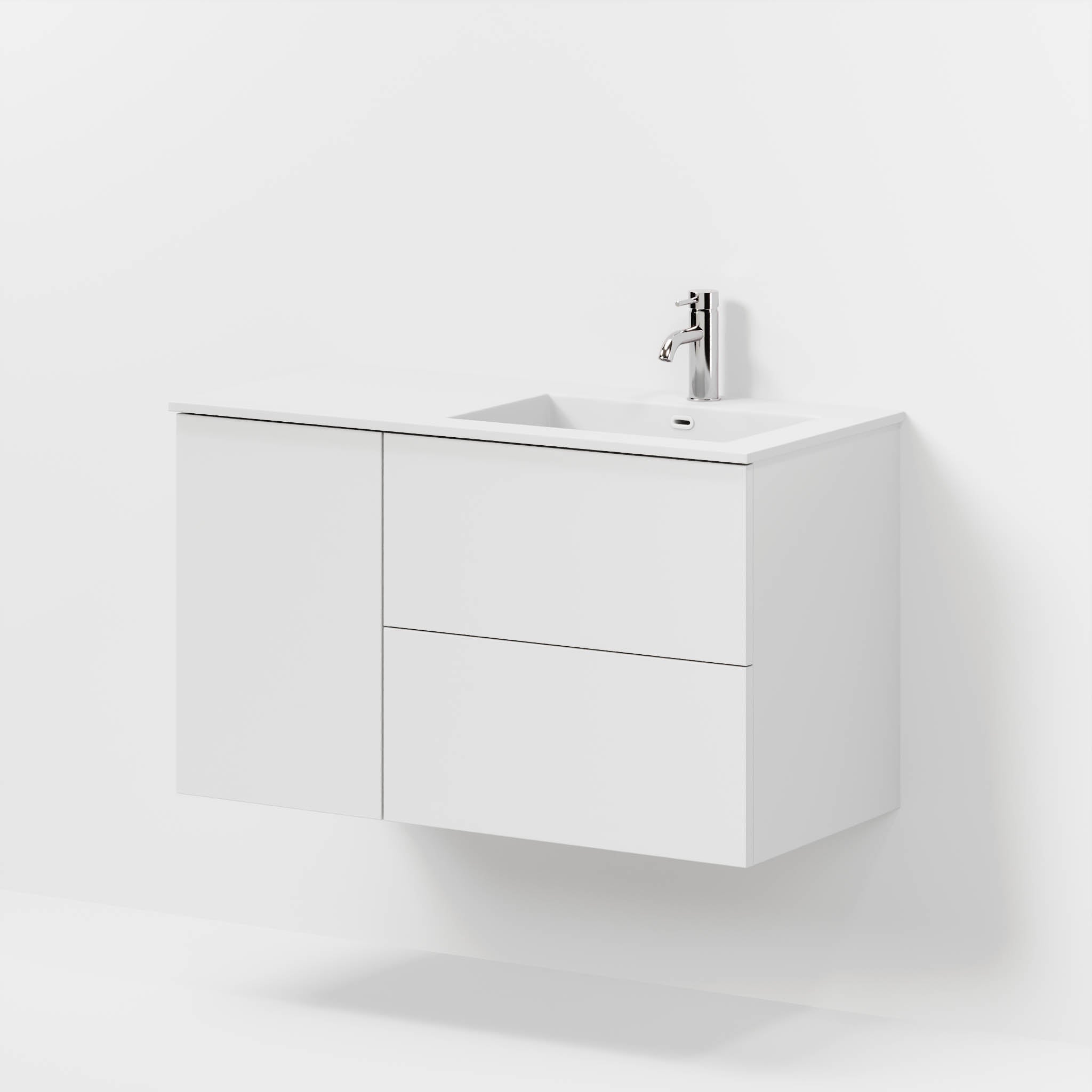 Badmøbel med klassiske fronter - 95x46x57 cm - mat hvid - højrevendt solid surface vask - Viborg