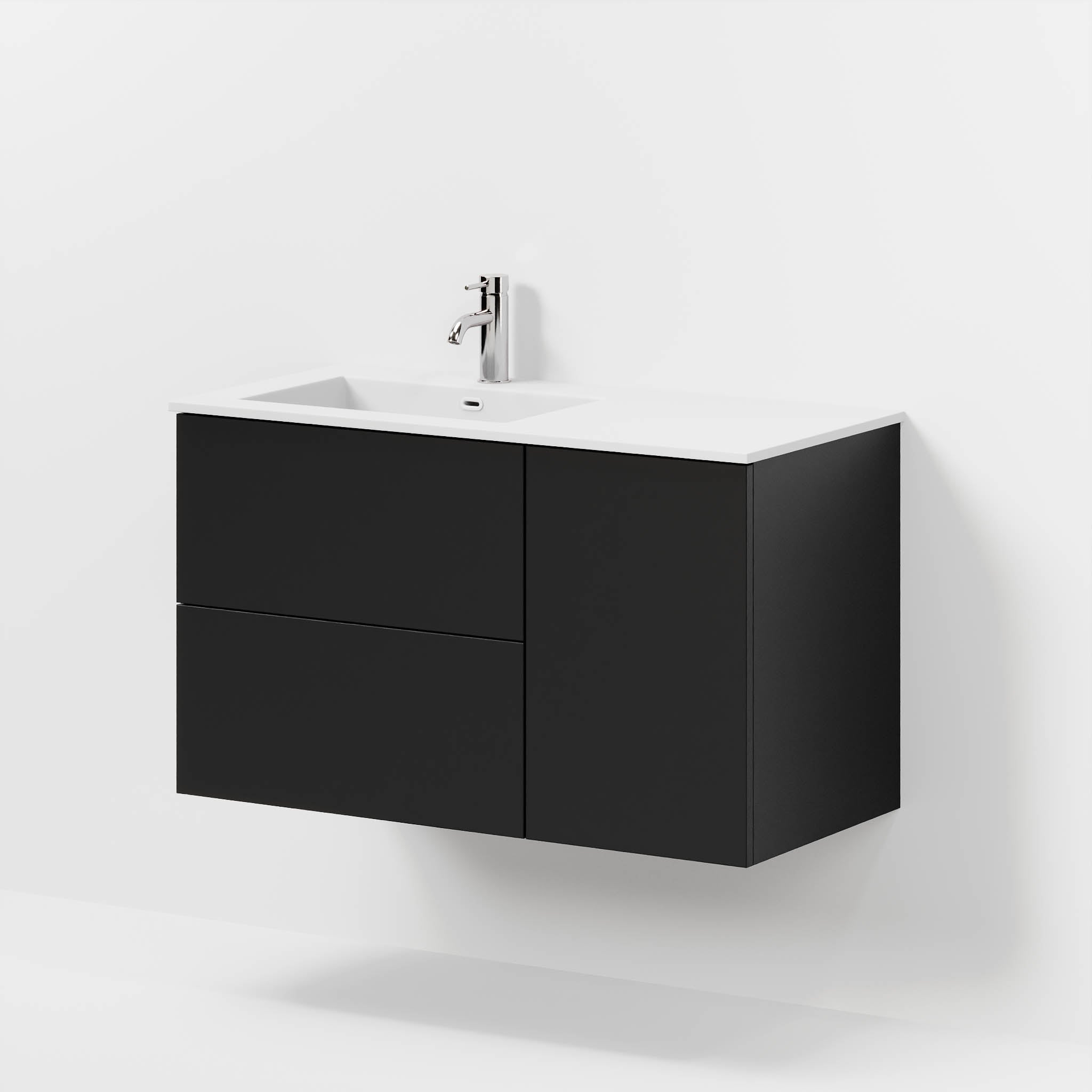 Badmøbel med klassiske fronter - 95x46x57 cm - mat sort - venstrevendt solid surface vask - Viborg