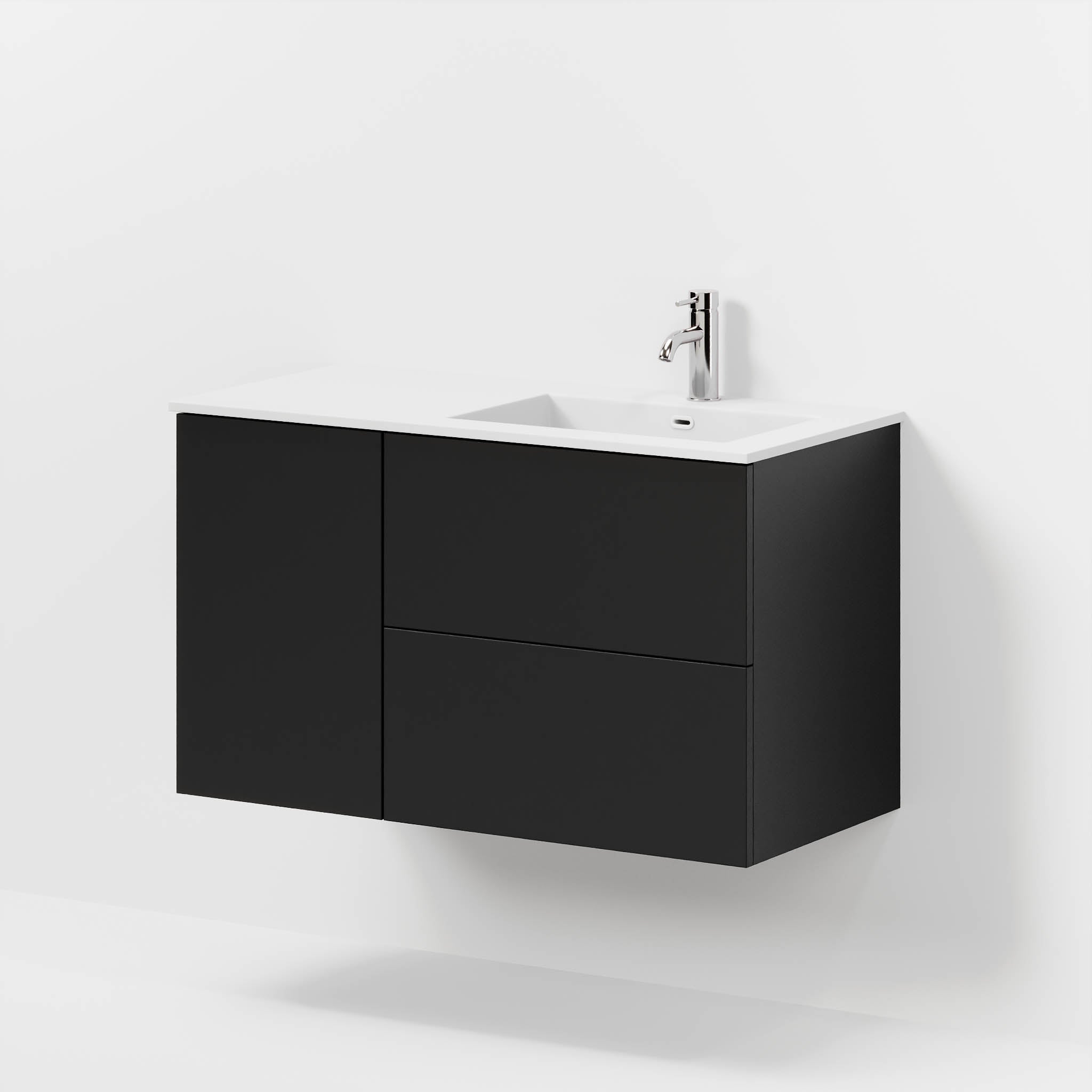 Badmøbel med klassiske fronter - 95x46x57 cm - mat sort - højrevendt solid surface vask - Viborg