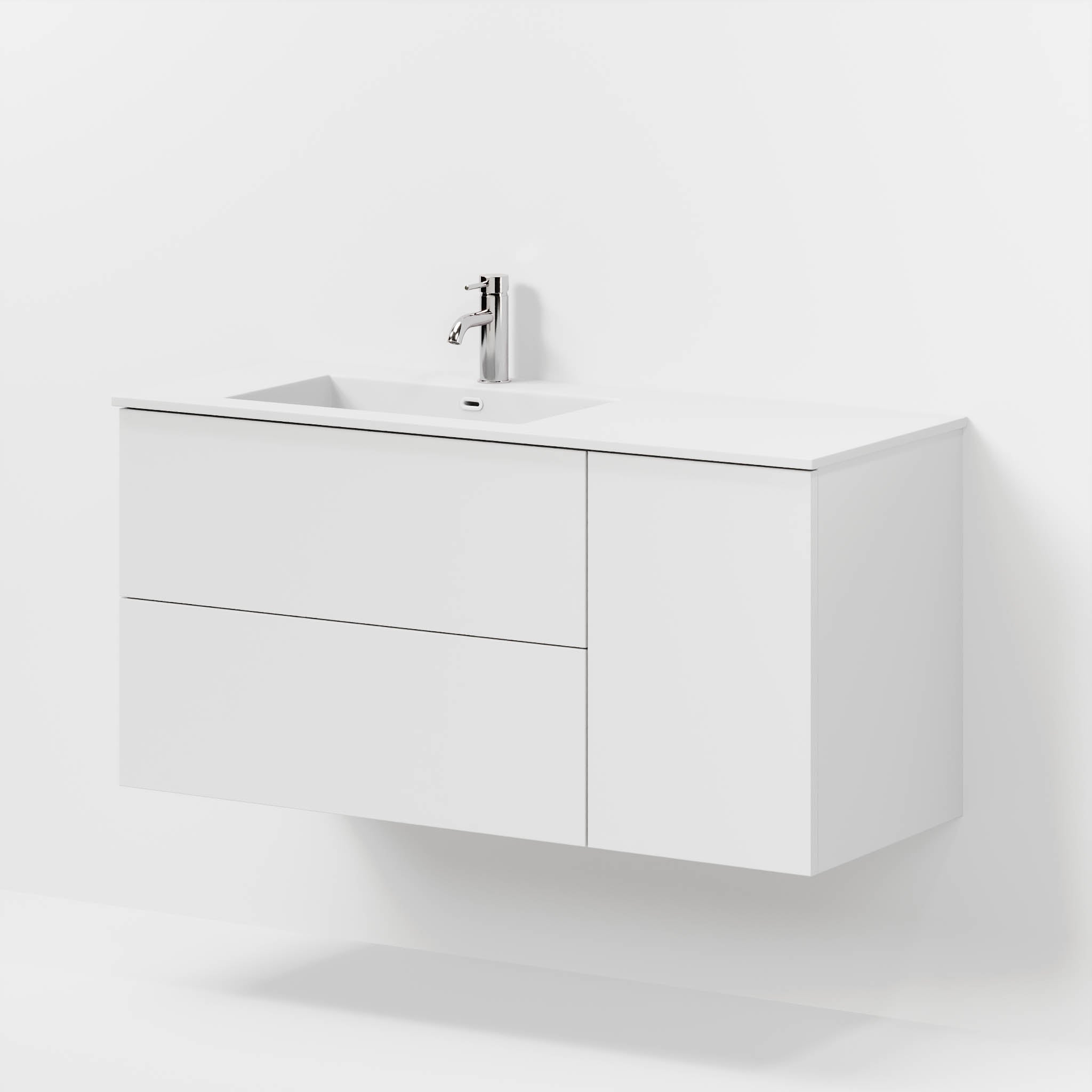 Badmøbel med klassiske fronter - 115x46x57 cm - mat hvid - venstrevendt solid surface vask - Viborg
