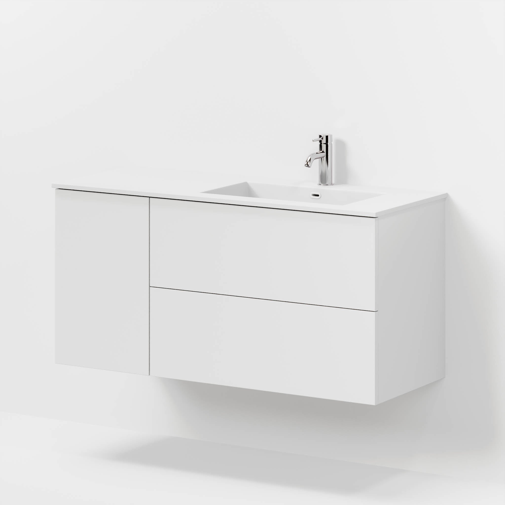 Badmøbel med klassiske fronter - 115x46x57 cm - mat hvid - højrevendt solid surface vask - Viborg