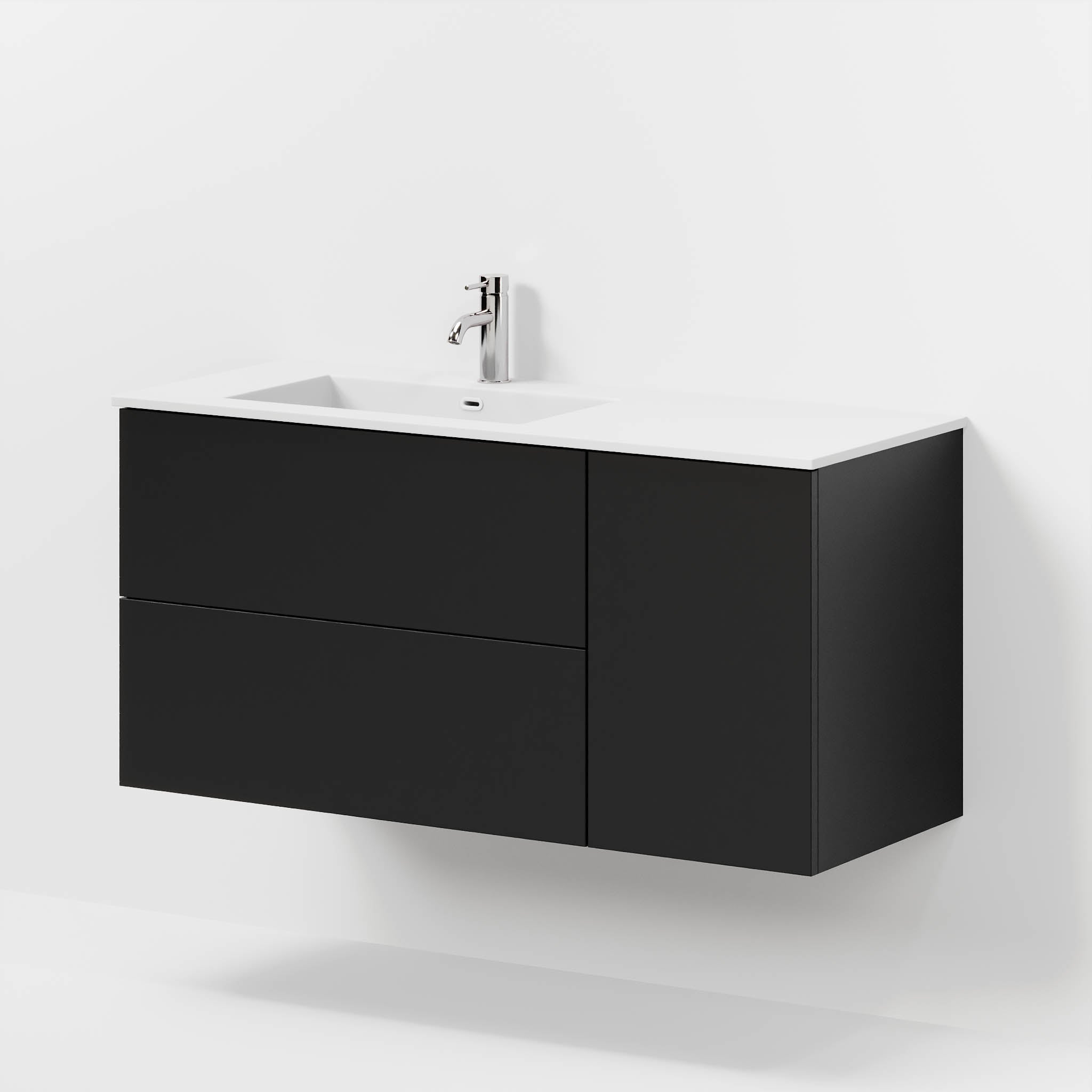 Badmøbel med klassiske fronter - 115x46x57 cm - mat sort - højrevendt solid surface vask - Viborg