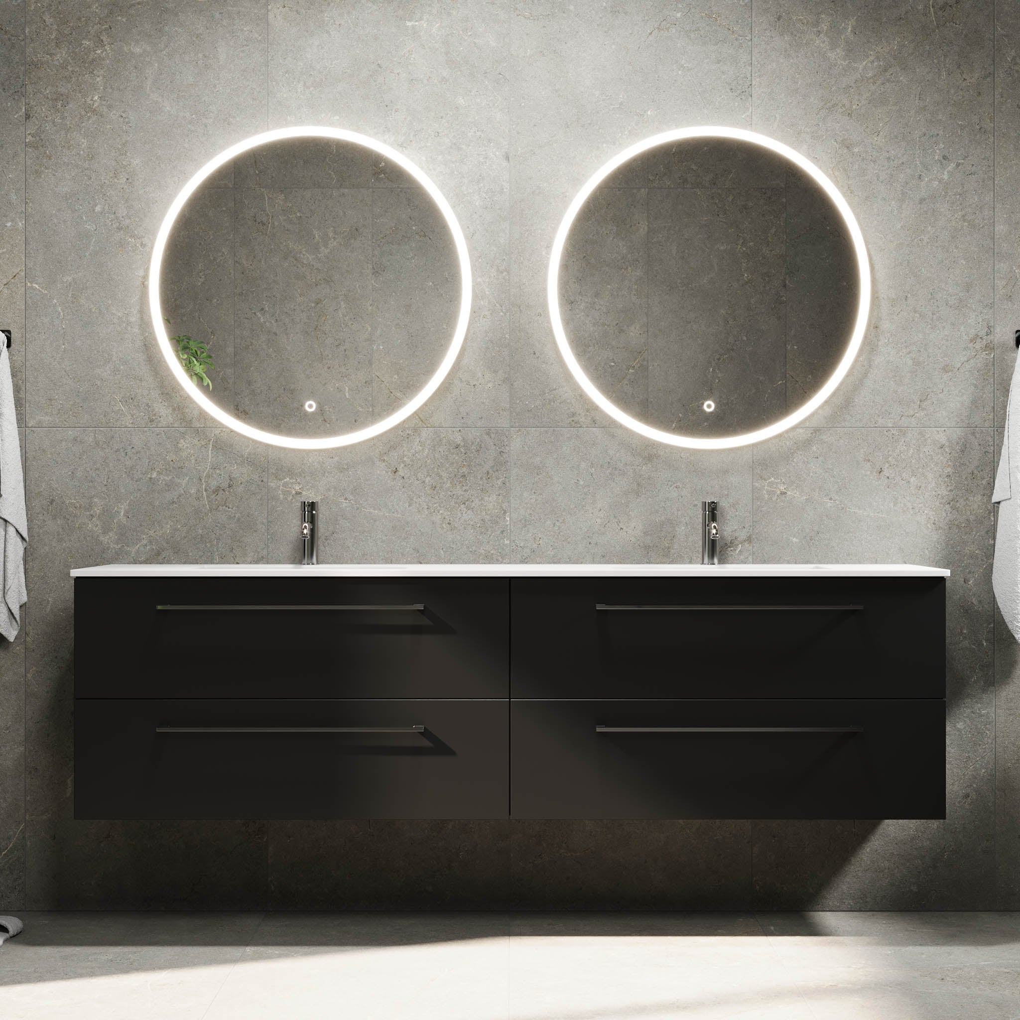 Badmøbel med klassiske fronter - 200x46x57 cm - mat sort - solid surface dobbeltvask - Viborg