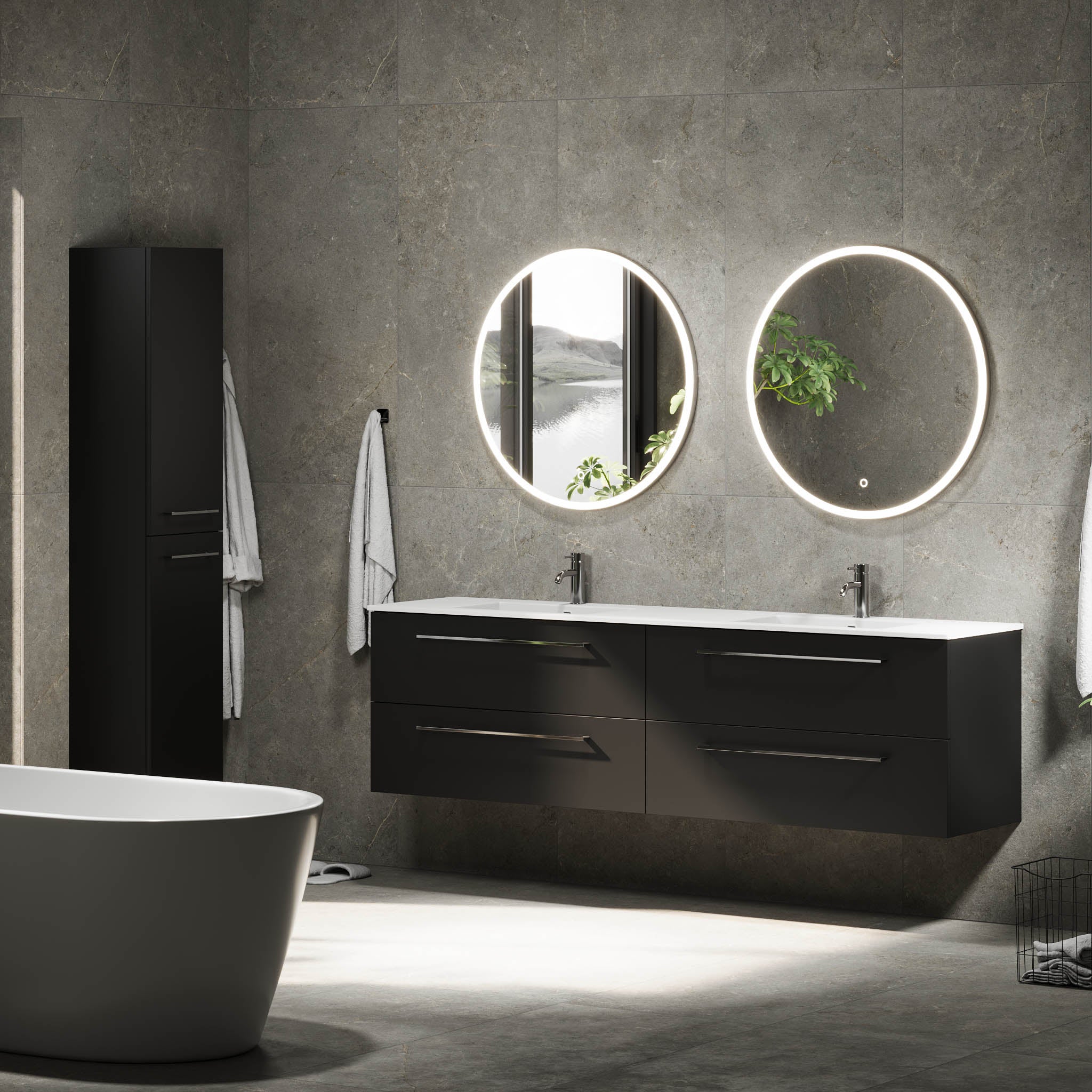 Badmøbel med klassiske fronter - 200x46x57 cm - mat sort - solid surface dobbeltvask - Viborg
