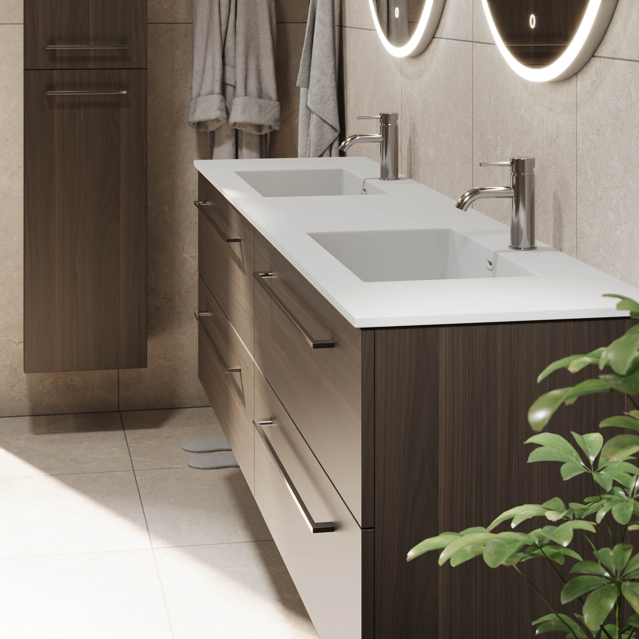 Badmøbel med klassiske fronter - 200x46x57 cm - valnød - solid surface dobbeltvask - Viborg