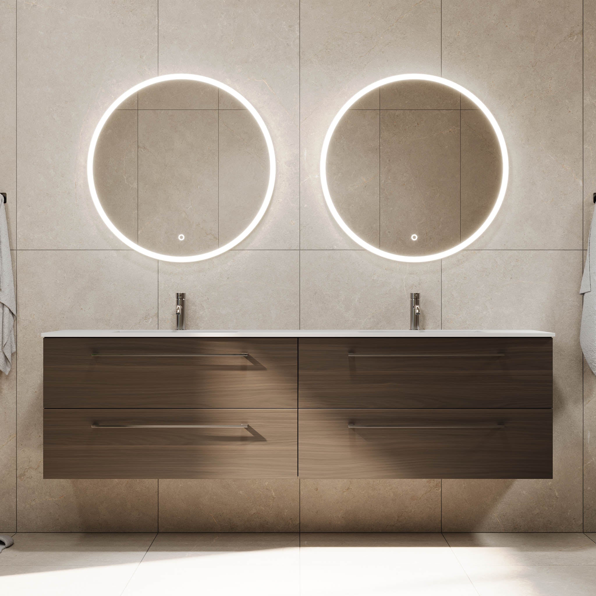 Badmøbel med klassiske fronter - 200x46x57 cm - valnød - solid surface dobbeltvask - Viborg