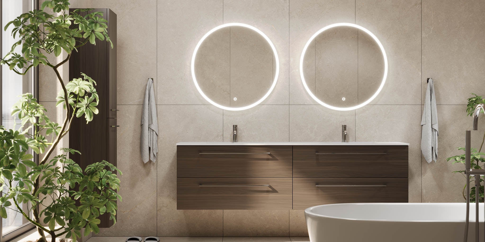 Badmøbel med klassiske fronter - 200x46x57 cm - valnød - solid surface dobbeltvask - Viborg