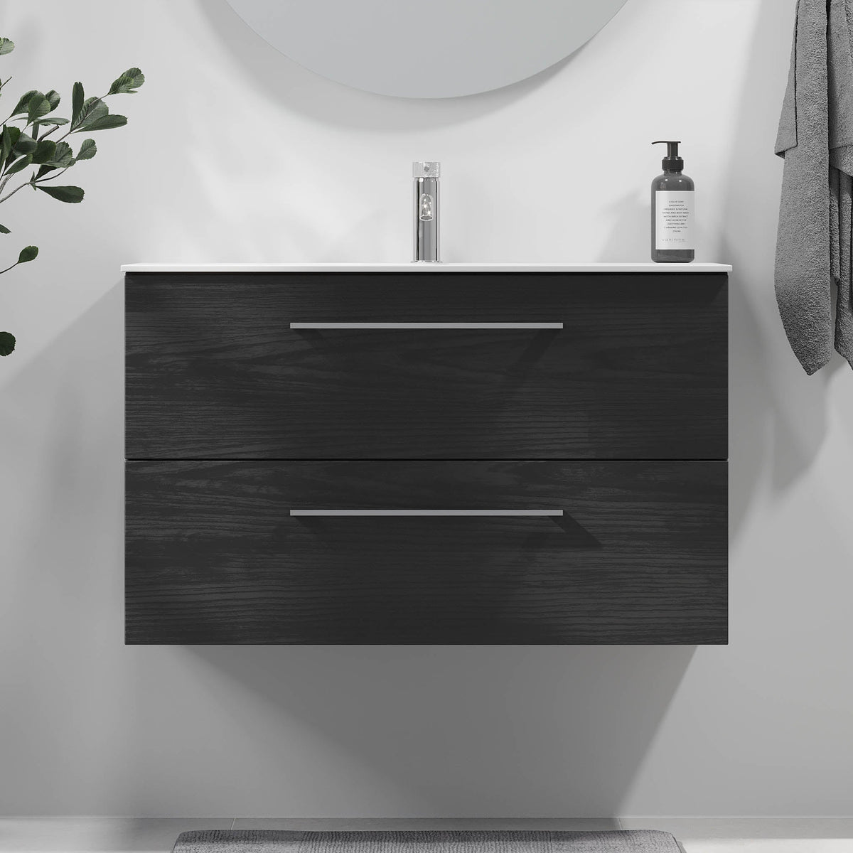 Badmøbel med klassisk front - 90x46x57 cm - Sort trælook - Håndvask i mat hvid solid surface - Harstad