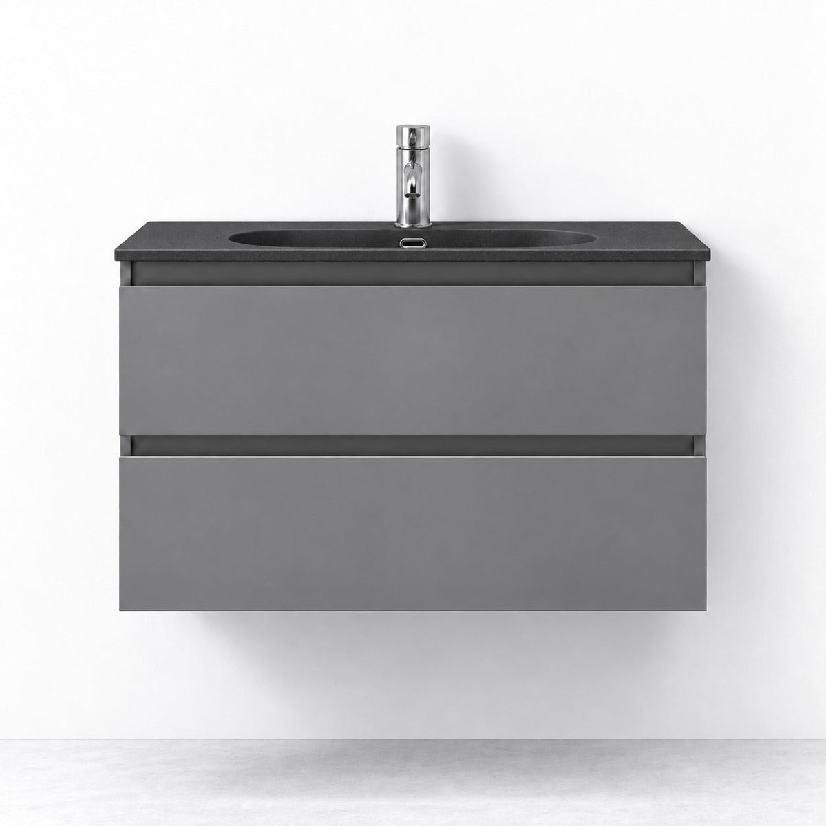 Badmøbel med klassisk integreret front - 80x36x57 cm - SLIM - Mat grå - Håndvask i mat sort solid surface med kvartssten - Skagen