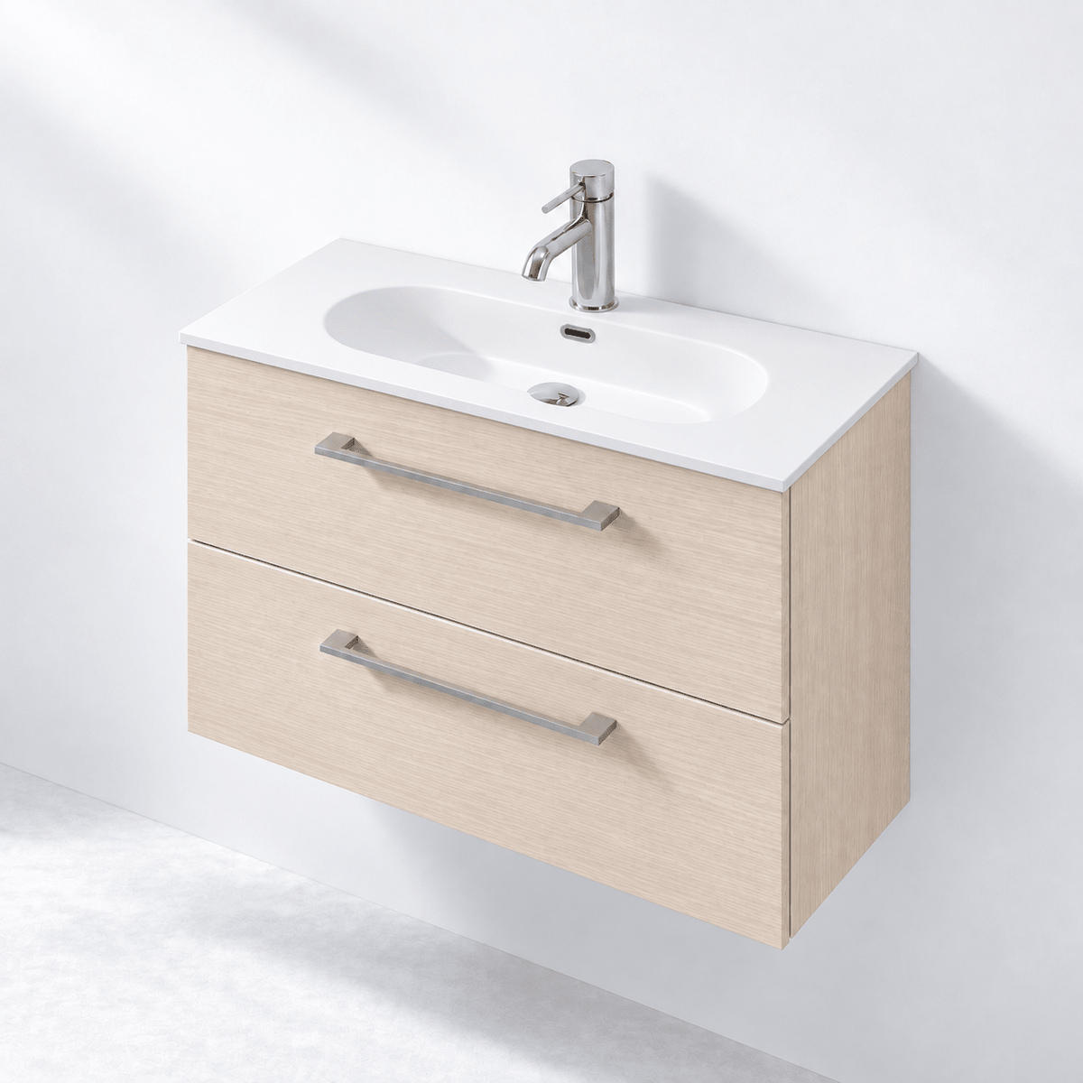 Badmøbel med klassisk front - 80x36x57 cm - SLIM - Lys træ - Håndvask i mat hvid solid surface - Harstad