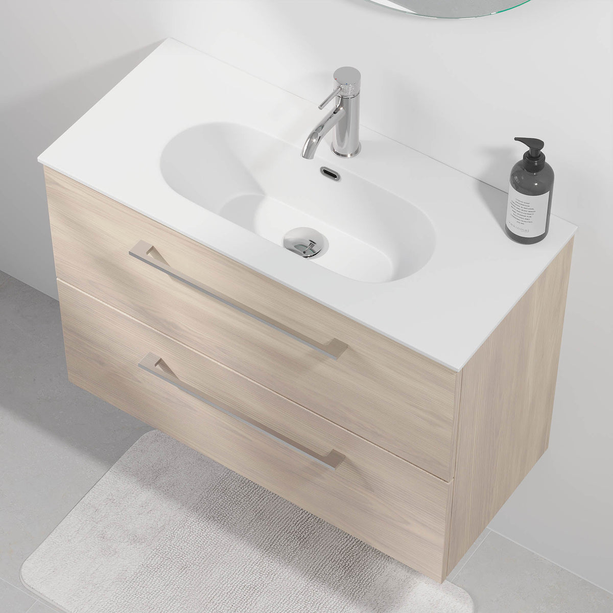 Badmøbel med klassisk front - 80x36x57 cm - SLIM - Lys træ - Håndvask i mat hvid solid surface - Harstad