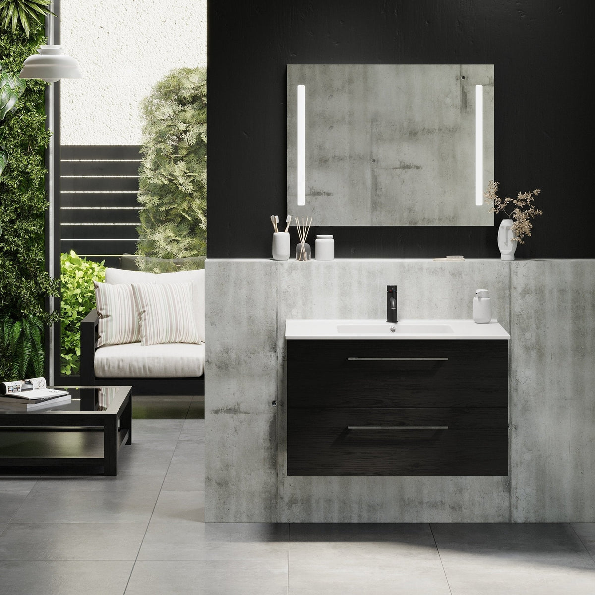 Badmøbel med klassisk front - 90x46x57 cm - Sort trælook - Hvid keramisk håndvask - Magnor