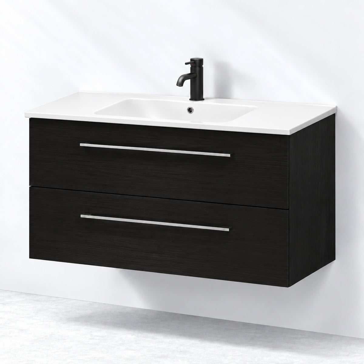 Badmøbel med klassisk front - 90x46x57 cm - Sort trælook - Hvid keramisk håndvask - Magnor