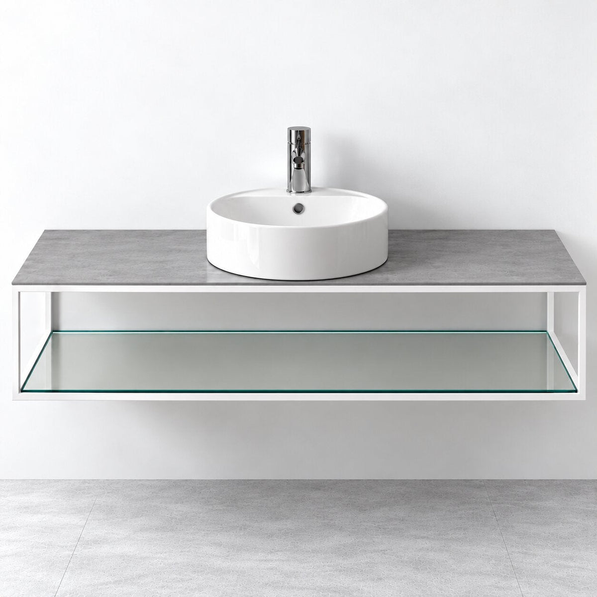 Badmøbel med åben metalramme og bund i hærdet glas - 100x46x50 cm - Mat hvid - Hvid fritstående keramisk håndvask - Bordplade i betonlook - Stenstorp