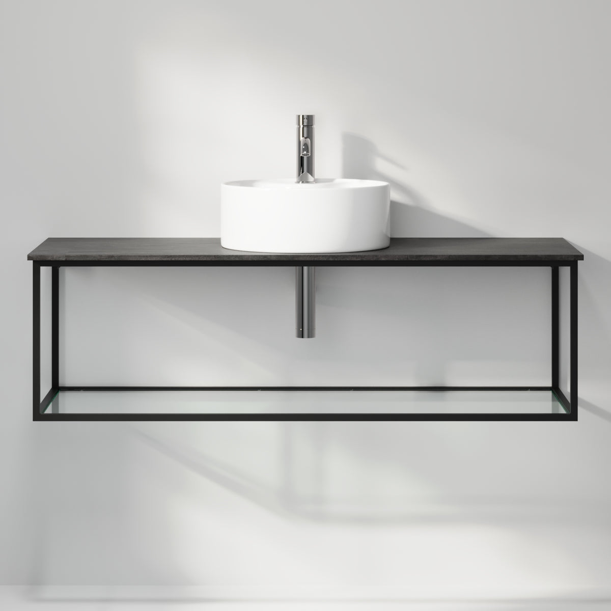 Badmøbel med åben metalramme og bund i hærdet glas - 120x46x50 cm - Mat sort - Hvid fritstående keramisk håndvask - Bordplade i betonlook - Stenstorp