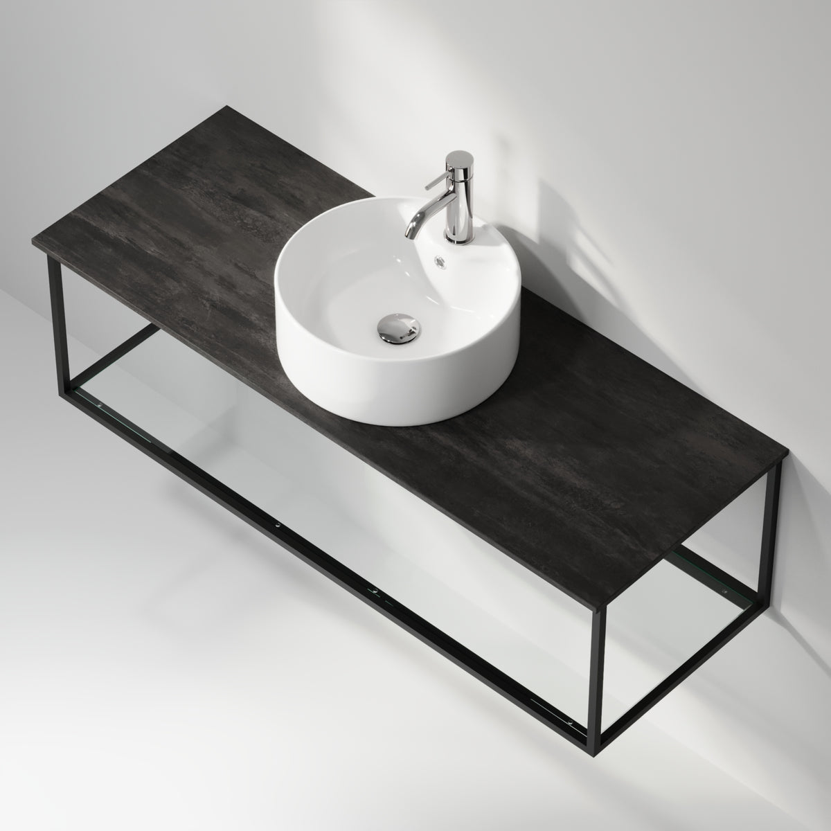 Badmøbel med åben metalramme og bund i hærdet glas - 120x46x50 cm - Mat sort - Hvid fritstående keramisk håndvask - Bordplade i betonlook - Stenstorp
