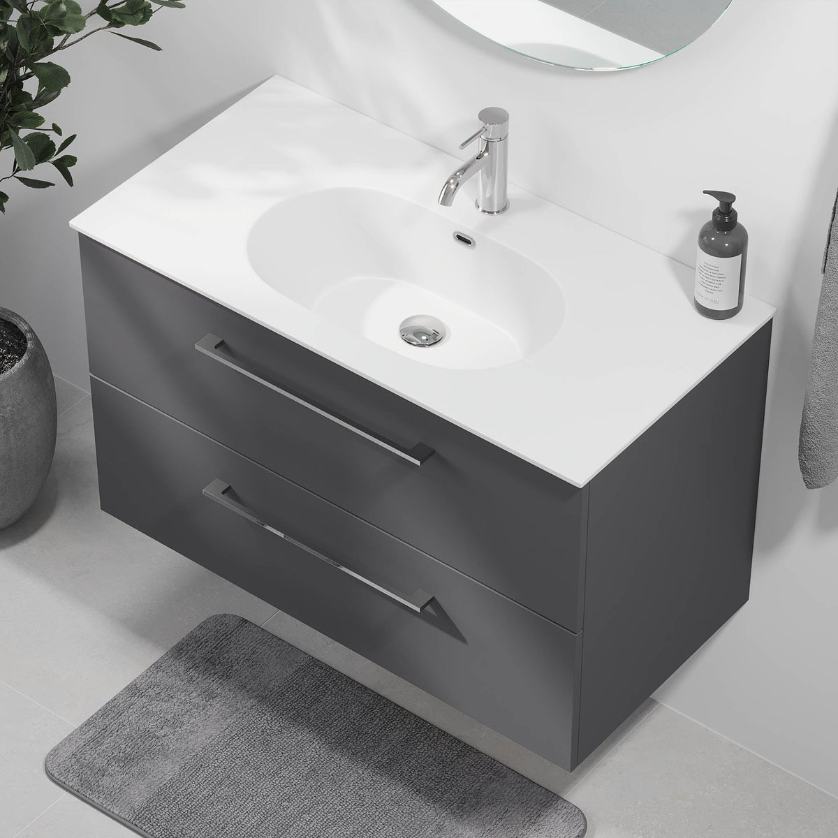Badmøbel med klassisk front - 80x46x57 cm - Antracitgrå - Håndvask i mat hvid solid surface - Harstad