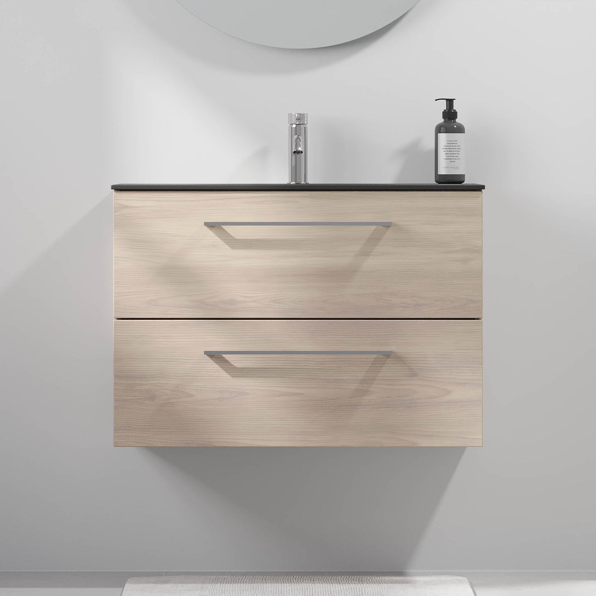 Badmøbel med klassisk front - 80x36x57 cm - SLIM - Lys træ - Håndvask i mat sort solid surface med kvartssten - Horten