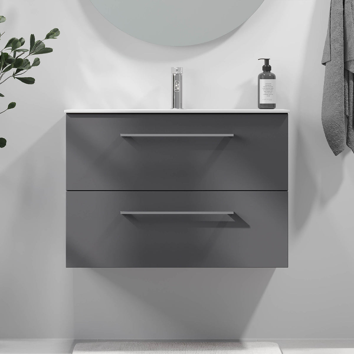 Badmøbel med klassisk front - 80x46x57 cm - Antracitgrå - Håndvask i mat hvid solid surface - Harstad