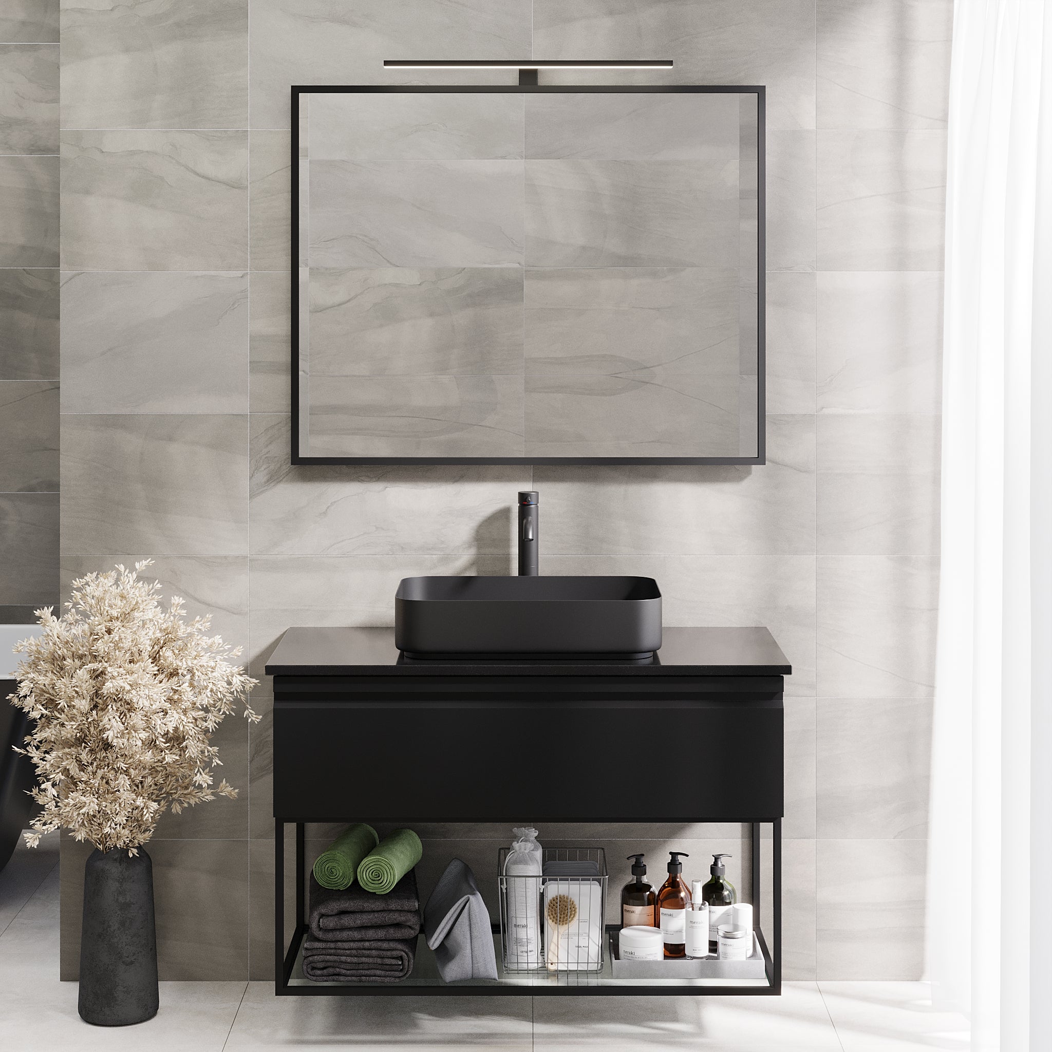 Kvitfjell Compact Badmøbel med Quarts Sort Bordplade, Mat Sort, 100 cm (AFHENTNING)