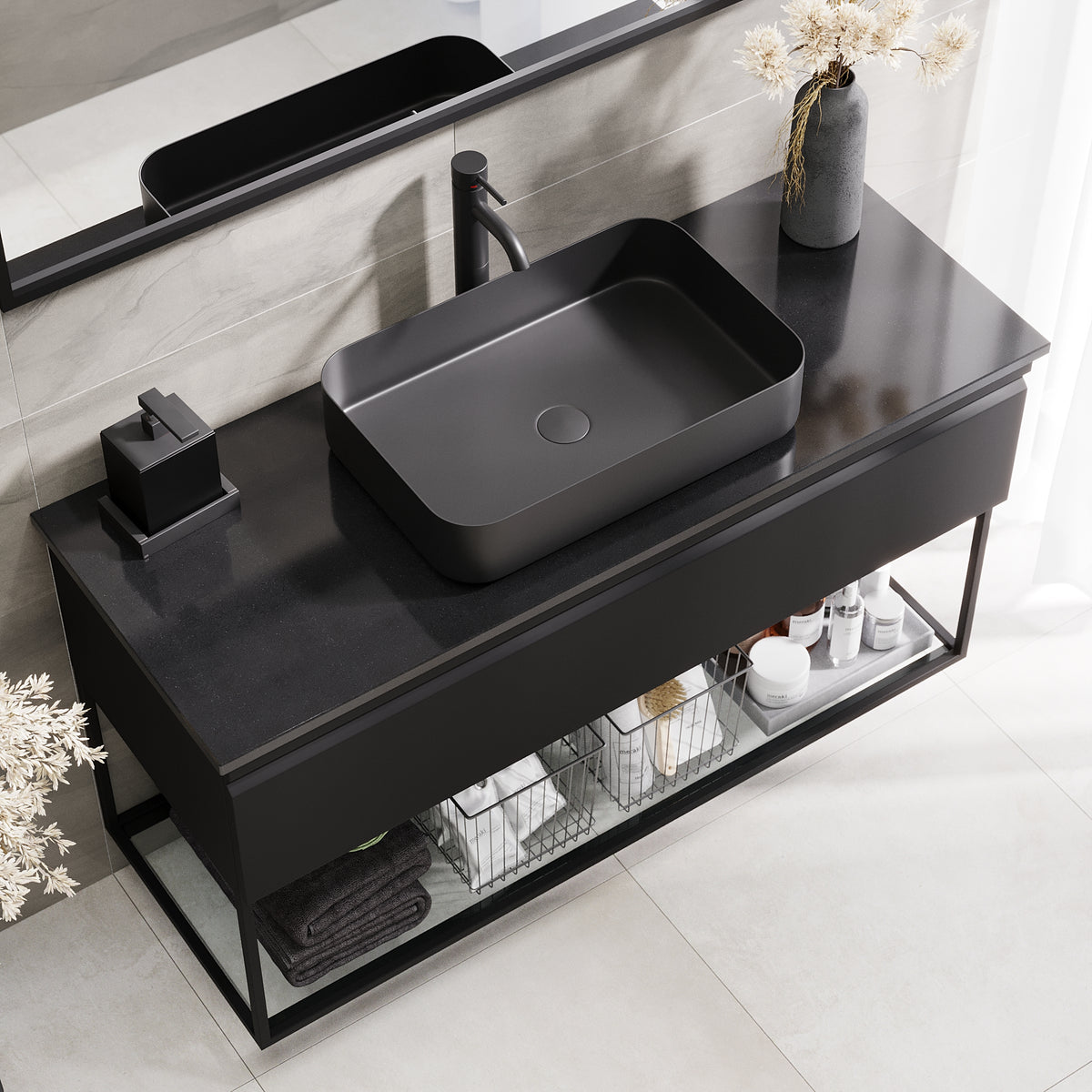 Kvitfjell Compact Badmøbel med Quarts Sort Bordplade, Mat Sort