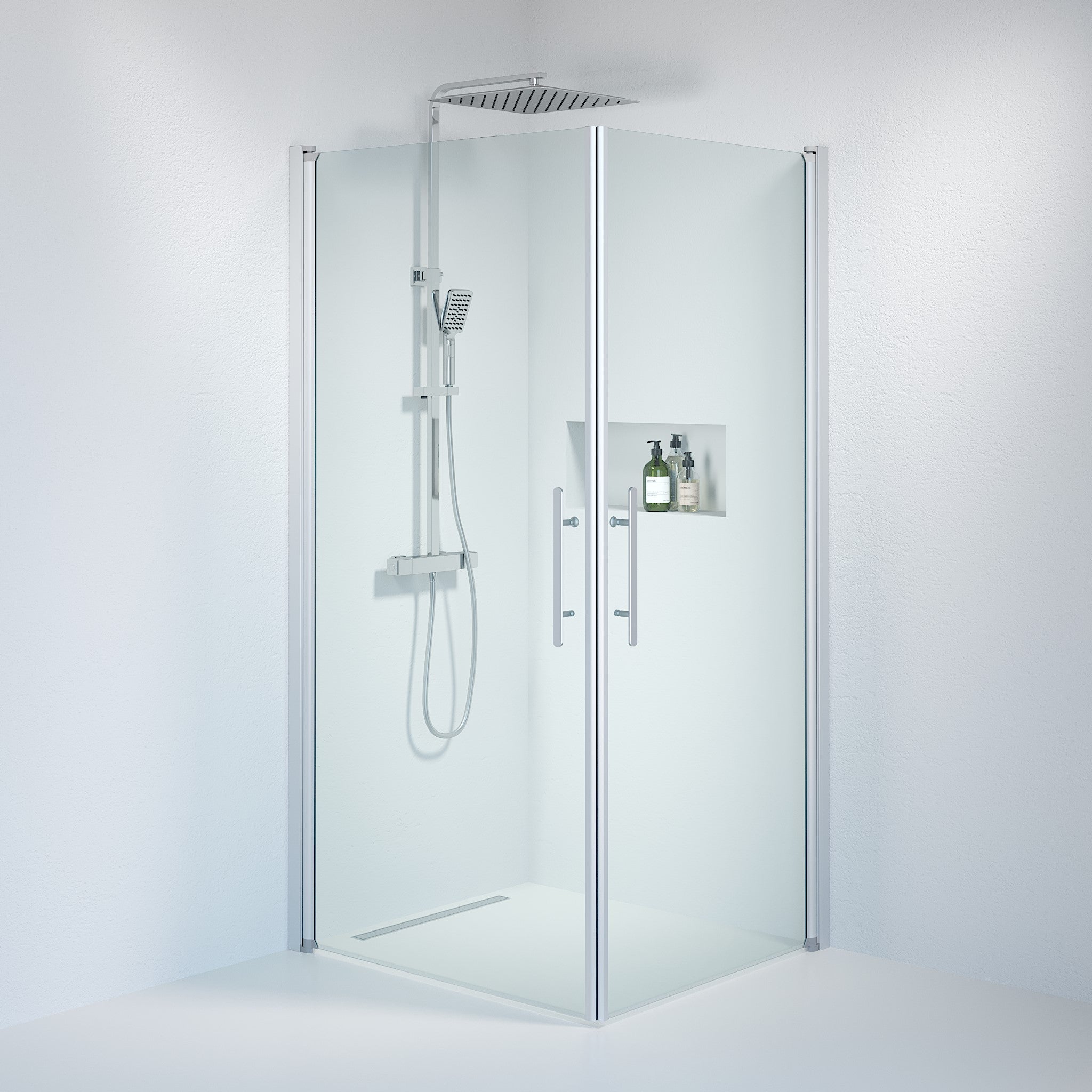 Fjäll Brusehjørne, Firkantet, Børstet Aluminium Profil, Klar Glas - Brusehjørner - BDA Living - HomeTomato - hometomato.dk