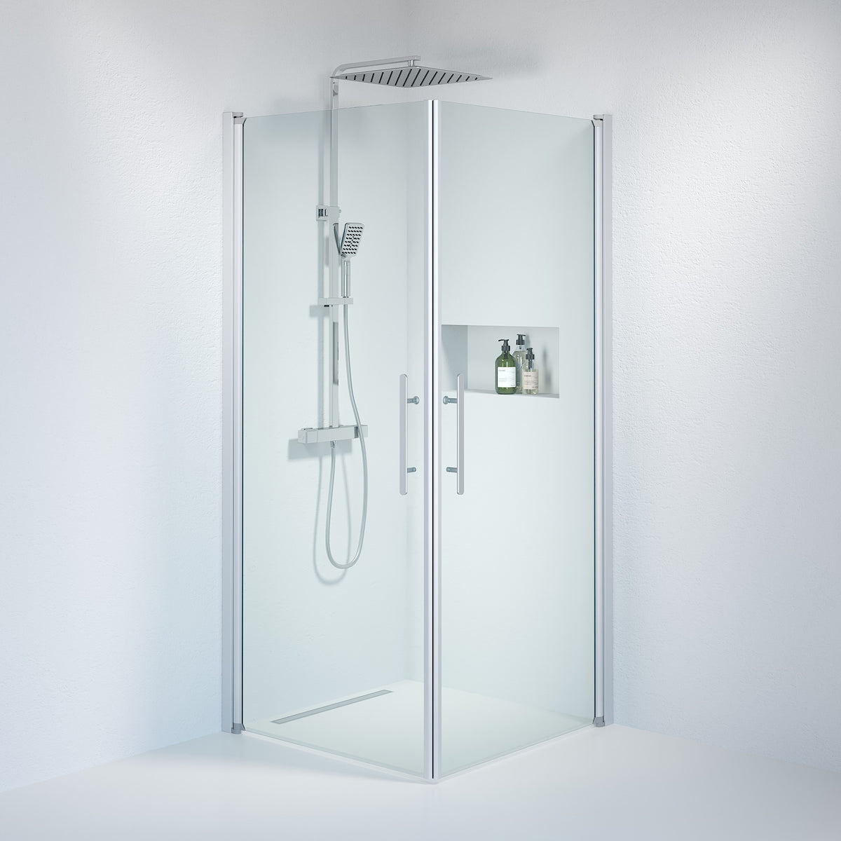 Fjäll Brusehjørne, Firkantet, Børstet Aluminium Profil, Klar Glas - Brusehjørner - BDA Living - HomeTomato - hometomato.dk