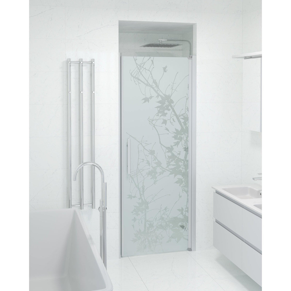 Fjäll Brusedør Til Bruseniche, Børstet Aluminium Profil, Frostet Decor Glas - HomeTomato - 38-070-01-54-00 - 8595677139020